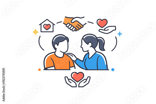 Supportive Care Community. Providing respite care for someone who is a primary caregiver expressed as a supportive community moment with two figures connected