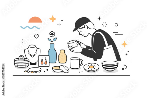 Spring craft fair. A person examining handmade items laid out on a clean table, appreciating details and textures. The mood feels creative