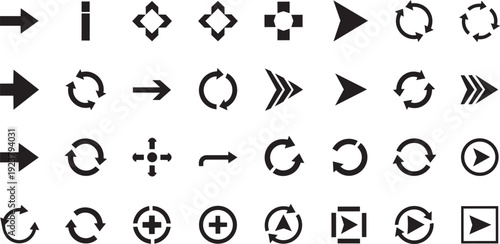 Navigation arrow icon set. Includes 25 navigation, direction, and media control symbols. Created in simple style with black and white color palette.