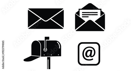 Black envelope and mailbox icons displayed as a bold silhouette