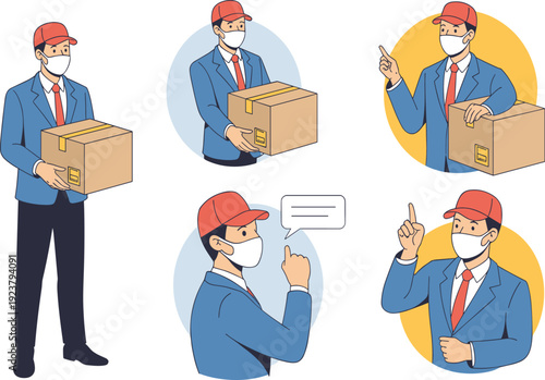 Delivery man illustration set, courier holding package, masked delivery worker, contactless shipping concept, logistics service character, flat vector design
