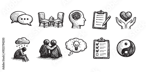 Hand-drawn style illustration of mental health icons including therapy, depression, anxiety, and wellbeing concepts. Useful for websites, blogs, or educational materials about psychology.
