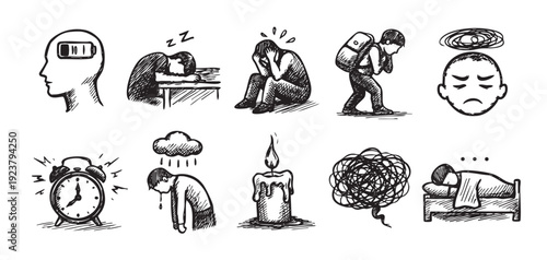 A collection of hand-drawn icons depicting mental health issues, including burnout, depression, anxiety, exhaustion, and sleep problems. Use for articles, blogs, presentations about mental well-being.
