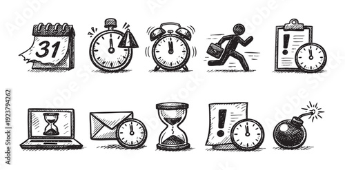 Hand-drawn deadline icons show time running out: a calendar, clocks, running businessman, and a bomb. Illustrates stress, pressure, and the importance of time management.
