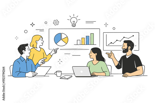 Men and women at work meeting. A mixed team of men and women discussing ideas during a short meeting, pointing at charts and screens. Calm