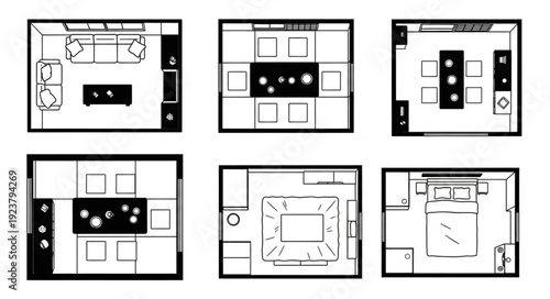 Floor plan layouts of various rooms showcasing interior design concepts and furniture arrangements.
