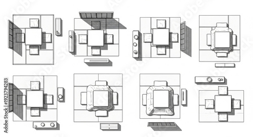 Architectural top-down view of various dining room furniture arrangements and layouts.