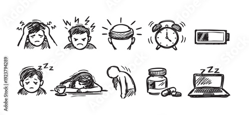 Illustration of burnout symptoms, showing various signs of stress, sleep deprivation, and mental exhaustion. Great for articles on mental health, stress management, or overwork.
