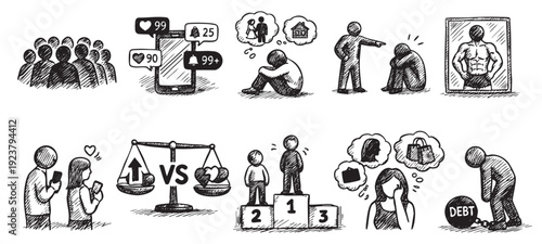 Hand-drawn illustration depicts mental health issues related to social media, comparison, expectations, and materialism in black and white. Suitable for articles about psychological issues.