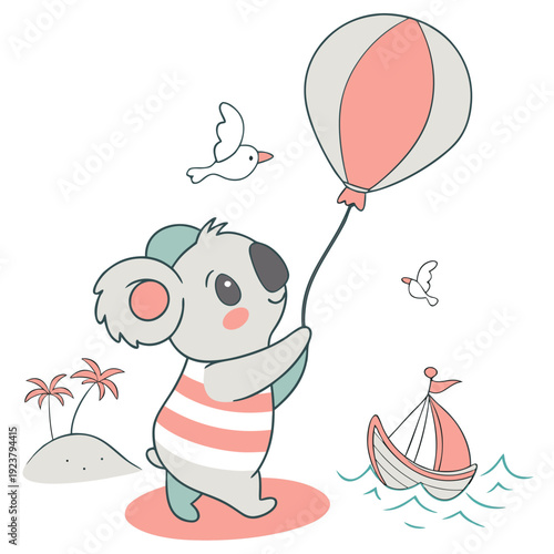 Playful Koala with with a balloon, set in a charming Beach day theme – Ocean Breeze color vector art