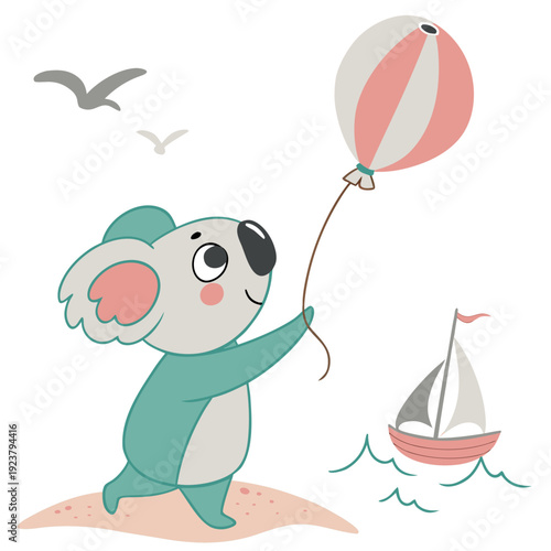 Cute Loving Koala, accessorized with with a balloon, in a Beach day world – Ocean Breeze palette vector