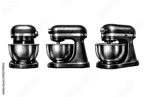 Stand mixer kitchen appliance with bowl and rotating head shown as a single object in front view, side view, and three-quarter perspective. Black and white dot