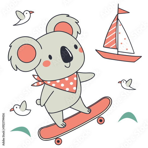 Delightful Cheerful Koala in a Beach day scene with riding a skateboard – Ocean Breeze vector illustration