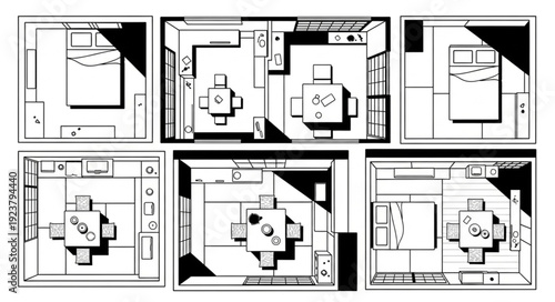 Architectural floor plans showcasing various room layouts and furniture arrangements in a detailed manner.