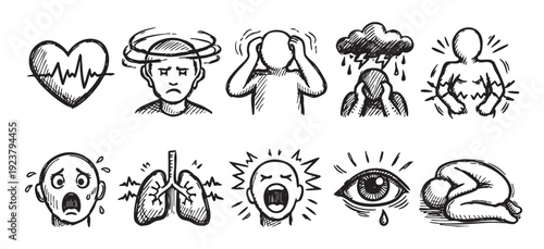 A set of hand drawn icons expresses the symptoms of depression, including anxiety, panic, grief, breathing issues and pain, depicted in black and white for health-related resources.