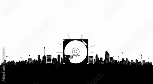 Urban music scene with iconic DJ turntable silhouette against a cityscape skyline