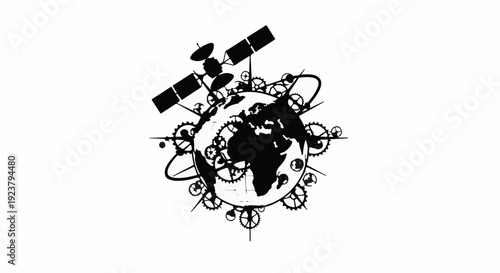 Satellite orbiting a stylized globe with intricate gears and connections, representing global communication and technology.