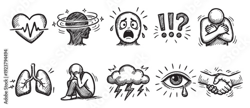 A set of hand-drawn icons representing mental and physical health concerns. Use for illustrations in health-related content, medical resources, or awareness campaigns.