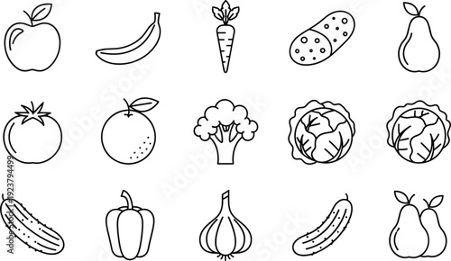 Outline Fruit and Vegetable Icons Set – Minimal Line Art Food Vector Collection