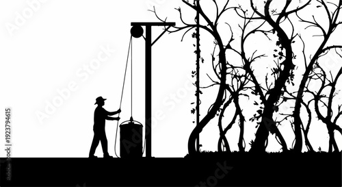 Silhouette of a person using a pulley system to lift a container against a backdrop of stylized trees