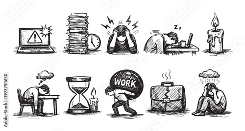 Black and white doodle illustration depicting work stress. Shows burnout, overload, anxiety, exhaustion. Can illustrate articles, blog posts, or presentations on work life balance, mental health.
