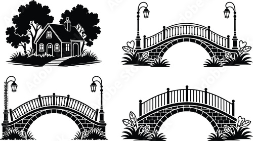 Black and white illustrations of houses and bridges with street lamps and plants