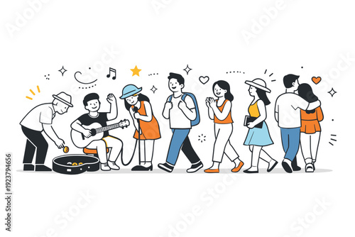 Summer street performances. End-of-performance moment with people smiling, dropping a coin, or walking away inspired. Soft decorative elements suggest warmth,