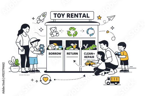 Circular toy rental system concept. A modern toy-sharing kiosk in a neighborhood with labeled bins and children selecting toys calmly with