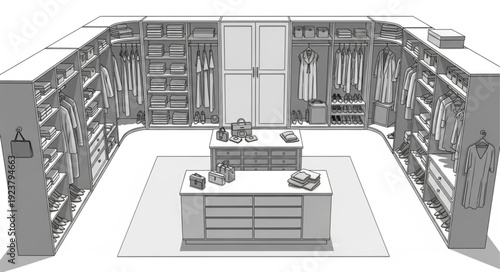 Elegant walk-in closet design with organized storage and stylish furniture arrangement.