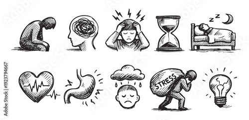 A hand-drawn illustration depicting various health problems associated with stress. Sand timer, insomnia, stomach issues, heart problems and heavy burdens are shown. For health, mental health themes.