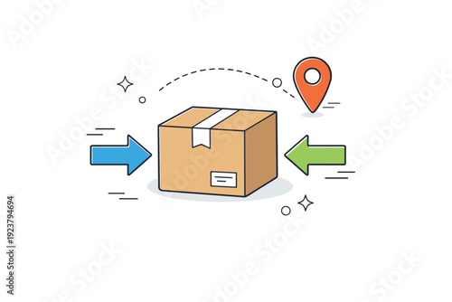 Delivery and logistics. Clean editorial icon-style scene showing a package with directional arrows and a location pin, symbolizing smooth and reliable delivery