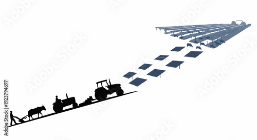 Tractor plowing field alongside solar panels symbolizing agricultural innovation and sustainability