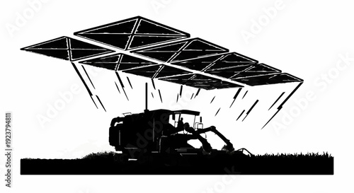 Futuristic agricultural machine with solar panels harvesting crops in a field