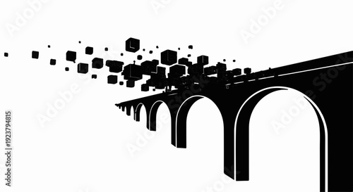 Abstract architectural structure dissolving into flying cubes against a white background.