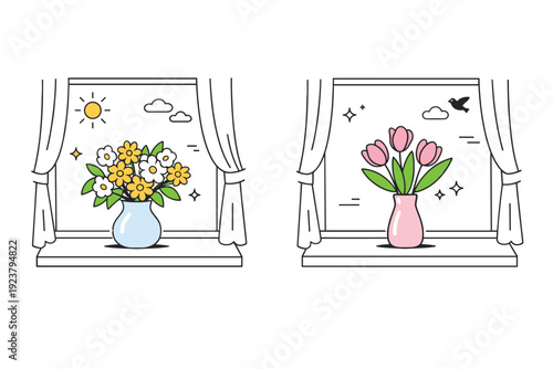 Bouquets on windowsills. Flowers placed in a simple vase on a wide windowsill, curtains slightly open. Morning calm, soft light, quiet