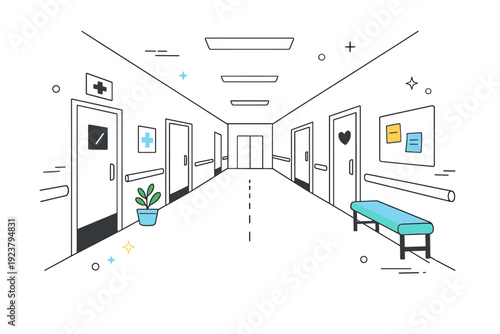 Healthcare corridors calm. A long, clean hospital hallway stands quiet and softly lit, with closed doors and minimal signage. The scene