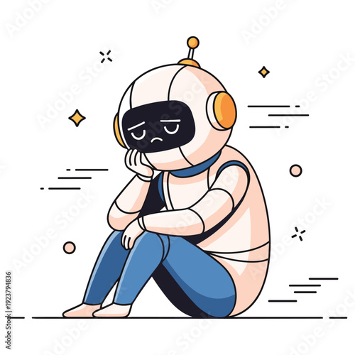Sad cartoon robot sitting with human-like expression and futuristic design