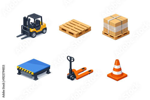 Freight handling. Isometric flat vector icons set of Freight handling: forklift vehicle, wooden cargo pallet, wrapped freight stack, loading dock platform,