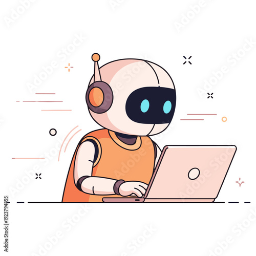 Cartoon robot with orange antenna working on laptop