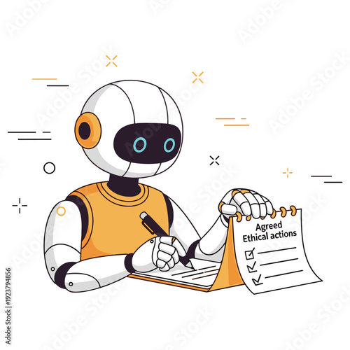 Friendly robot reviews ethical checklist with pen and notepad