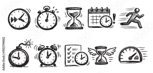 Hand-drawn illustration of time management icons. Includes clock, calendar, deadline, hourglass, and running figure. Use for time-related concepts, productivity, planning, urgency, and deadlines.
