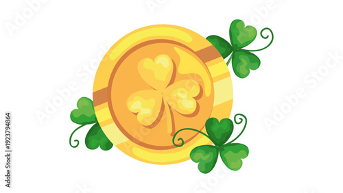 Golden coin with shamrock surrounded by four-leaf clovers, symbolizing good fortune, isolated on a clean background, viewed from directly above
