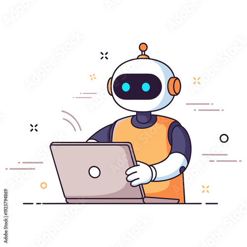 Cute robot with laptop: adorable tech companion in orange vest