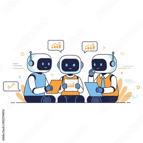 Robots analyzing data charts in collaborative meeting