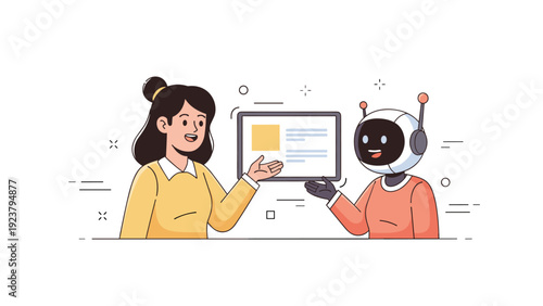 Female adult asian interaction with robot: technology and communication concept