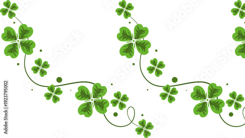 A lush green vine with shamrocks and leaves curls around a floral arrangement on a festive celebration backdrop from a top view