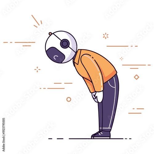 Humanoid robot bowing with orange jacket in minimalist style