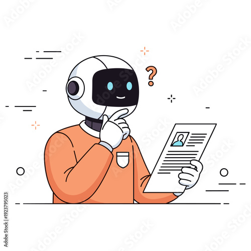 Cartoon robot analyzing document with puzzled expression