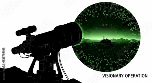 Telescope reveals a distant island with a solitary figure under a starry night sky, symbolizing exploration and discovery.