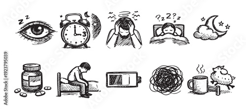 Hand drawn illustrations depict insomnia symptoms including anxiety, sleeplessness, medication, depression and lack of energy in a black and white doodle style.
